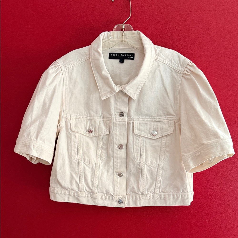 Veronica Beard Jeans Raina Short Sleeve Cropped White Denim Jeans Jacket